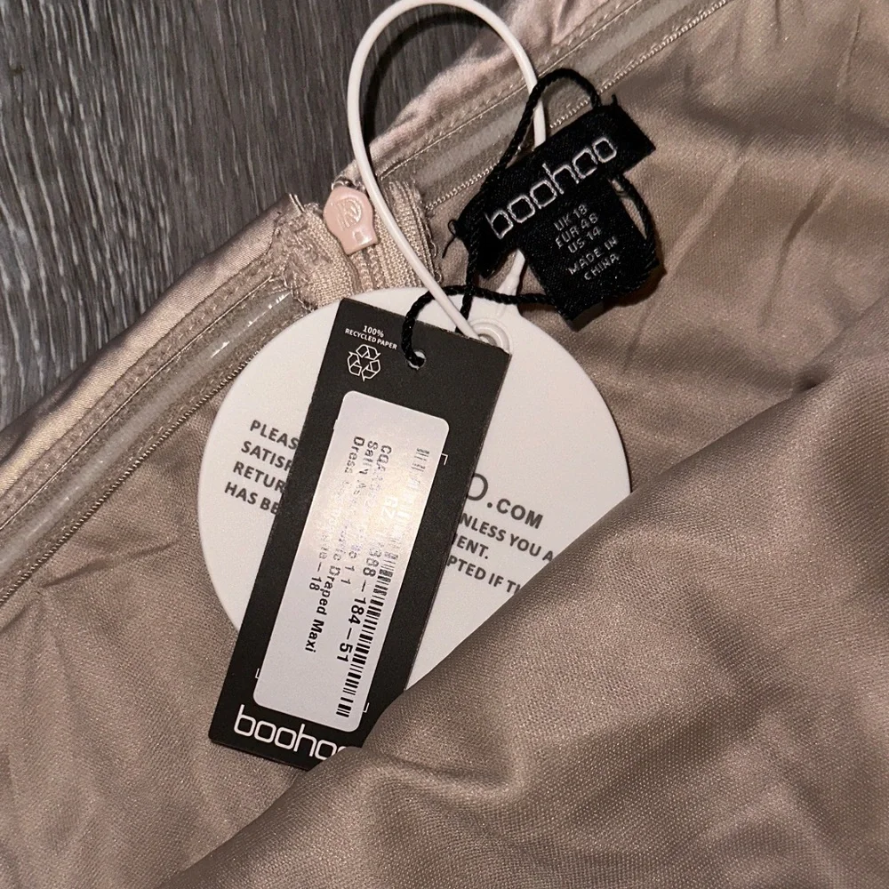 Boohoo Satin Asymmetric Draped Maxi Dress/ Formal Gown- Champagne - Picture 3 of 5